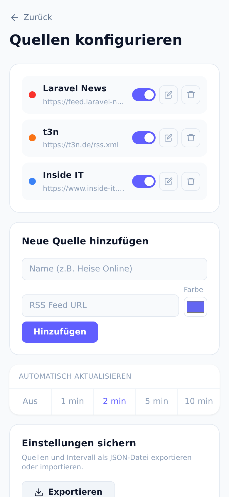 Settings — manage your RSS sources